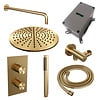 Brauer Regendoucheset Inbouw Brauer Gold Carving Thermostatisch 30cm met 3-Weg Omstelling, Gebogen Wandarm en Staaf Handdouche Geborsteld Goud