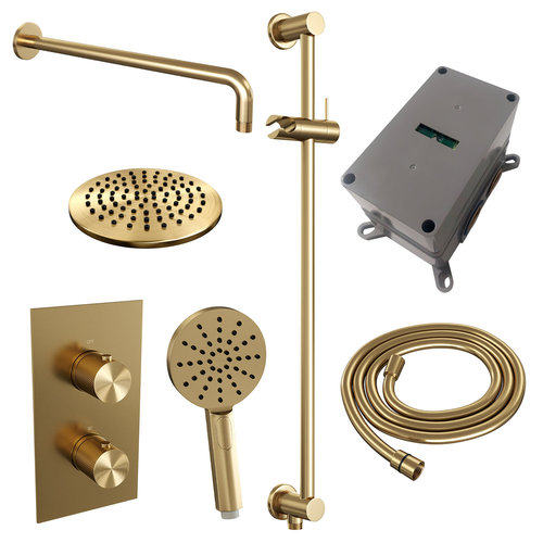 Regendoucheset Inbouw Brauer Gold Carving Thermostatisch 20cm met 3-Weg Omstelling, Gebogen Wandarm, Glijstang en Handdouche 3-Standen Geborsteld Goud 