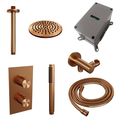 Regendoucheset Inbouw Brauer Copper Carving Thermostatisch 20cm met 3-Weg Omstelling, Plafondarm en Staaf Handdouche Geborsteld Koper 