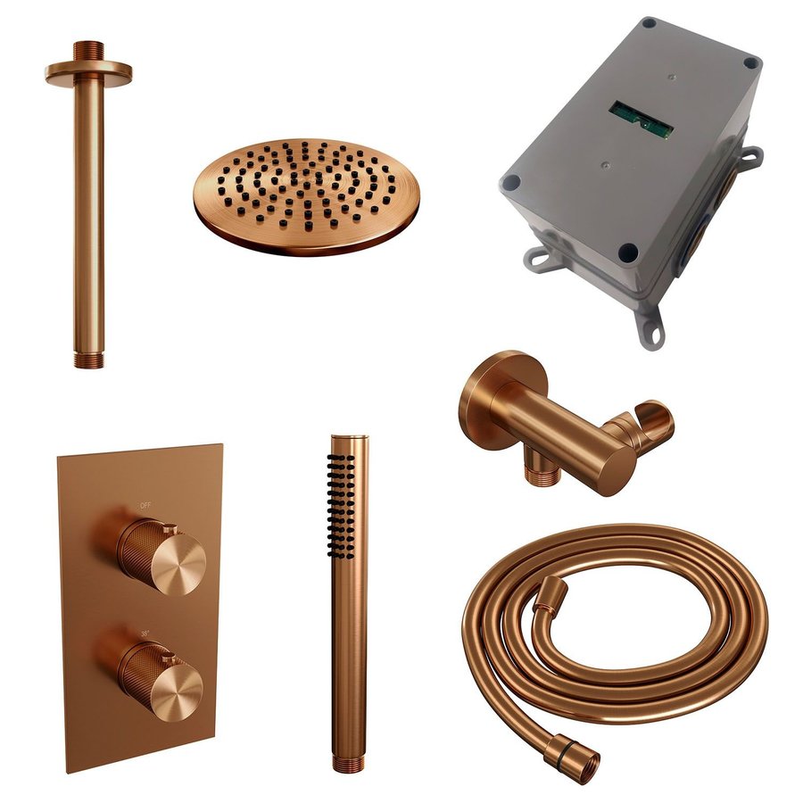 Regendoucheset Inbouw Brauer Copper Carving Thermostatisch 20cm met 3-Weg Omstelling, Plafondarm en Staaf Handdouche Geborsteld Koper