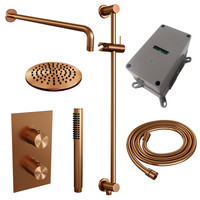 Regendoucheset Inbouw Brauer Copper Carving Thermostatisch 20cm met 3-Weg Omstelling, Gebogen Wandarm, Glijstang en Staaf Handdouche Geborsteld Koper