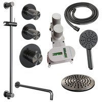 Regendoucheset Inbouw Brauer Gunmetal Carving Thermostatisch 20cm met Gebogen Wandarm, Glijstang en Handdouche 3-Standen Losse Stopkranen Geborsteld Gunmetal