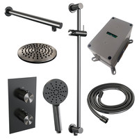 Regendoucheset Inbouw Brauer Gunmetal Carving Thermostatisch 20cm met 3-Weg Omstelling, Wandarm, Glijstang en Handdouche 3-Standen Geborsteld Gunmetal