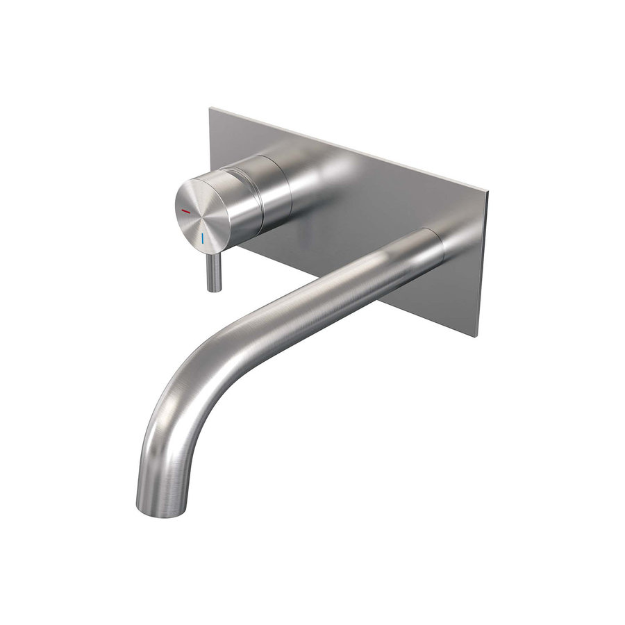 Inbouw Wastafelmengkraan Brauer Brushed Edition Coldstart Gebogen Uitloop Korte Ronde Hendel Links Geborsteld RVS PVD Met Afdekplaat