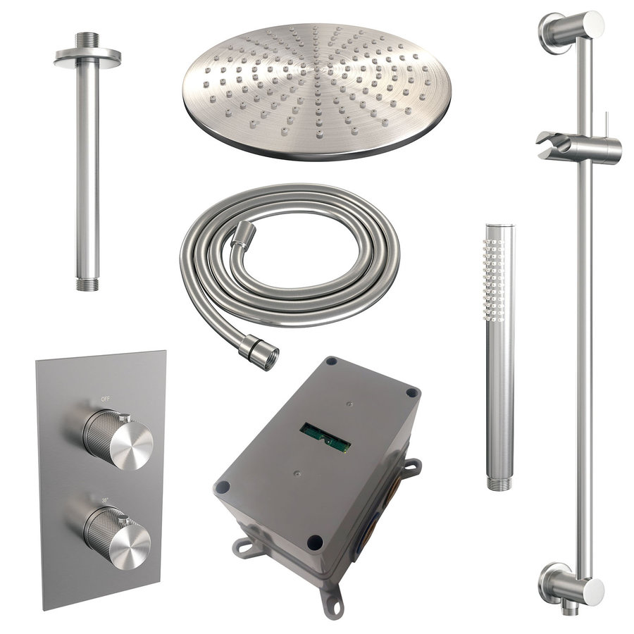 Regendoucheset Inbouw Brauer Brushed Carving Thermostatisch 30cm met 3-Weg Omstelling, Plafondarm, Glijstang en Staaf Handdouche Geborsteld RVS