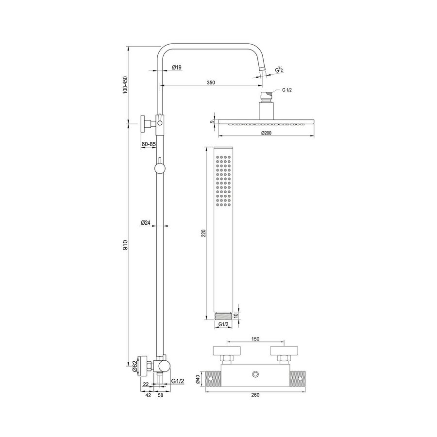 Regendoucheset Opbouw Brauer Black Carving 20 cm Thermostatisch met Staaf Handdouche Geborsteld Mat Zwart