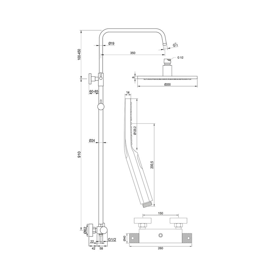 Regendoucheset Opbouw Brauer Black Carving 20 cm Thermostatisch met Handdouche 3-Standen Geborsteld Mat Zwart