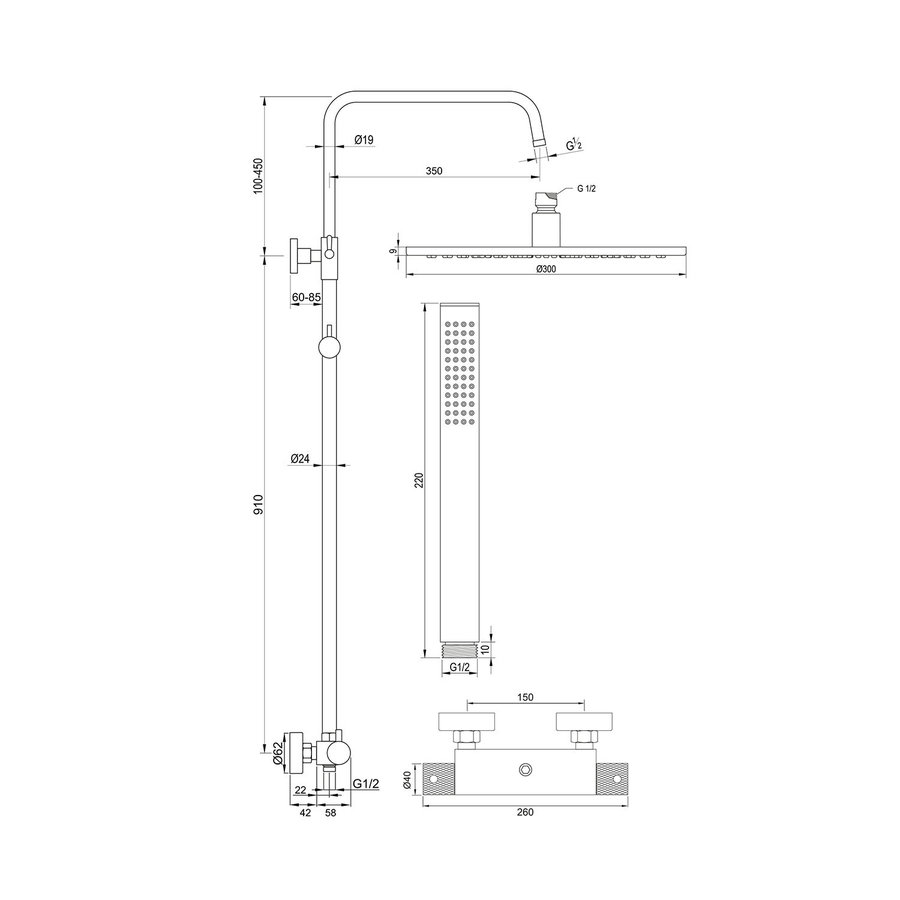 Regendoucheset Opbouw Brauer Black Carving 30 cm Thermostatisch met Staaf Handdouche Geborsteld Mat Zwart