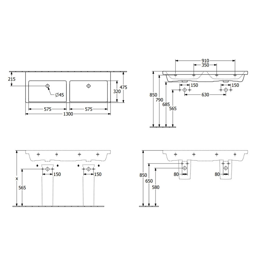 Wastafel Villeroy & Boch Subway 3.0 Dubbele Wasbak Met CeramicPlus 0 Kraangaten Zonder Overloop 130x47x16.5 cm Wit Alpin