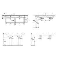 Wastafel Villeroy & Boch Subway 3.0 Dubbele Wasbak Met 2 Kraangaten Zonder Overloop 130x47x16.5 cm Wit Alpin