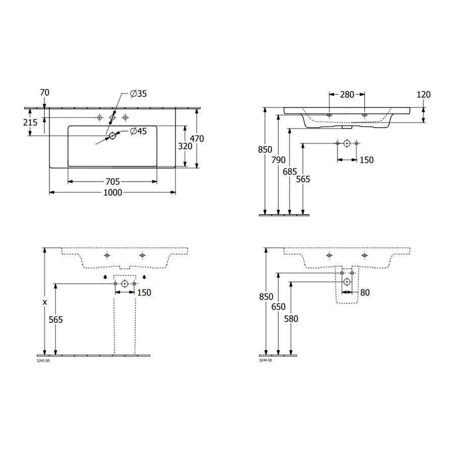 Wastafel Villeroy & Boch Subway 3.0 Met CeramicPlus Geen Kraangat Geen Overloop 100x47x16.5 cm Wit Alpin