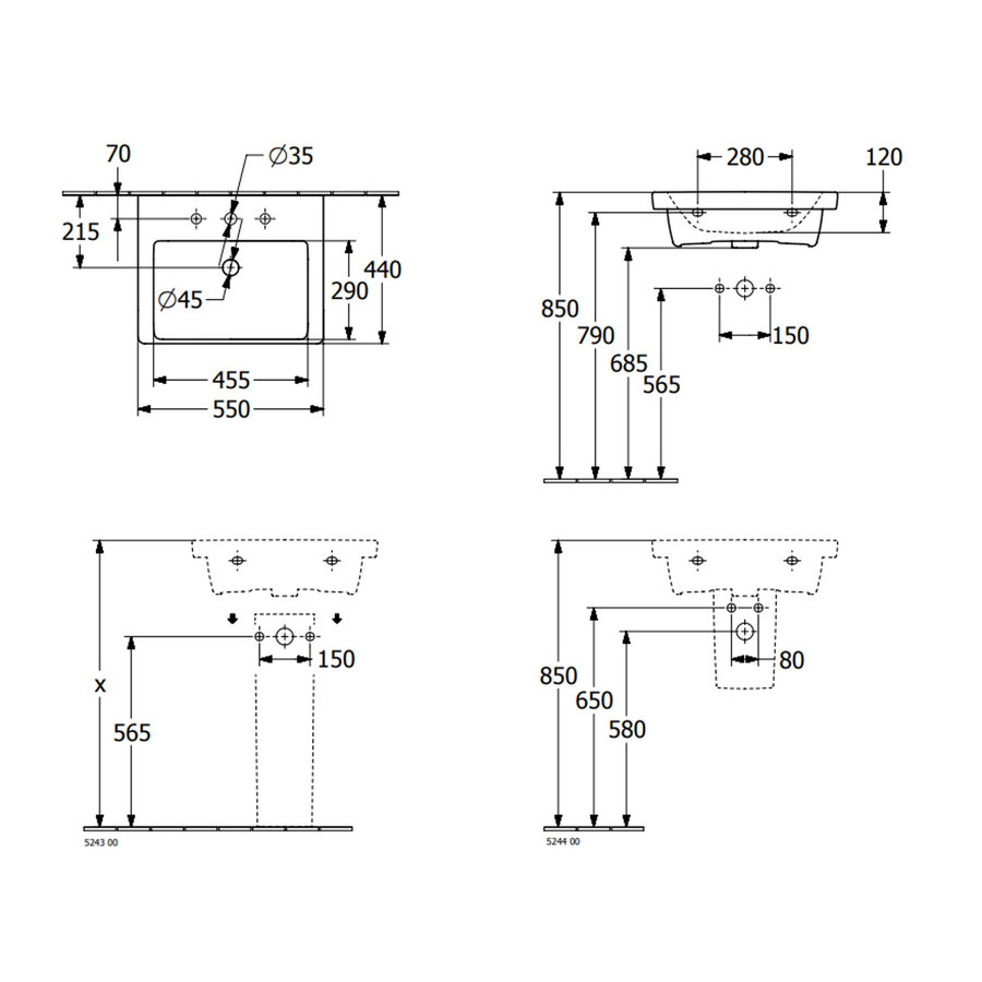 Wastafel Villeroy & Boch Subway 3.0 Met CeramicPlus 1 Kraangat Zonder Overloop 55x44x16.5 cm Wit Alpin