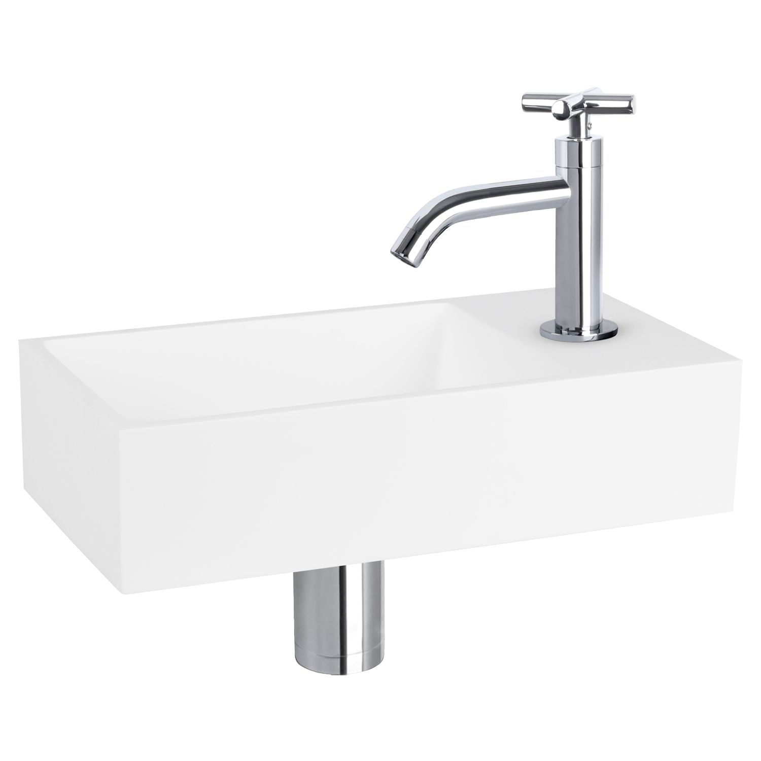 Fonteinset Differnz Solid Solid Surface 36x18.5x9 cm Wit Met Gebogen Kruis Kraan Chroom Differnz