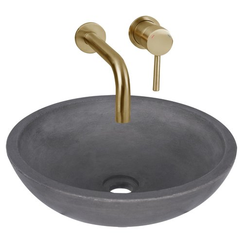 Waskomset Differnz Ravano Beton 40x12 cm Antraciet met Inbouw Wastafelkraan Mat Goud 