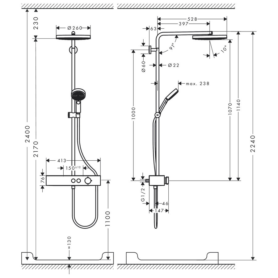 Regendouche set HansGrohe Pulsify S Showerpipe 260 1 Jet EcoSmart Met ShowerTablet Select 400 Chroom