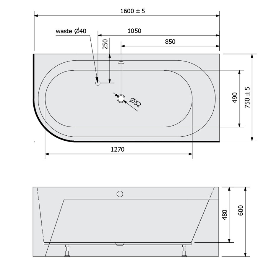 Ligbad Polysan Astra 160x75x60 cm Asymmetrisch Rechts Wit