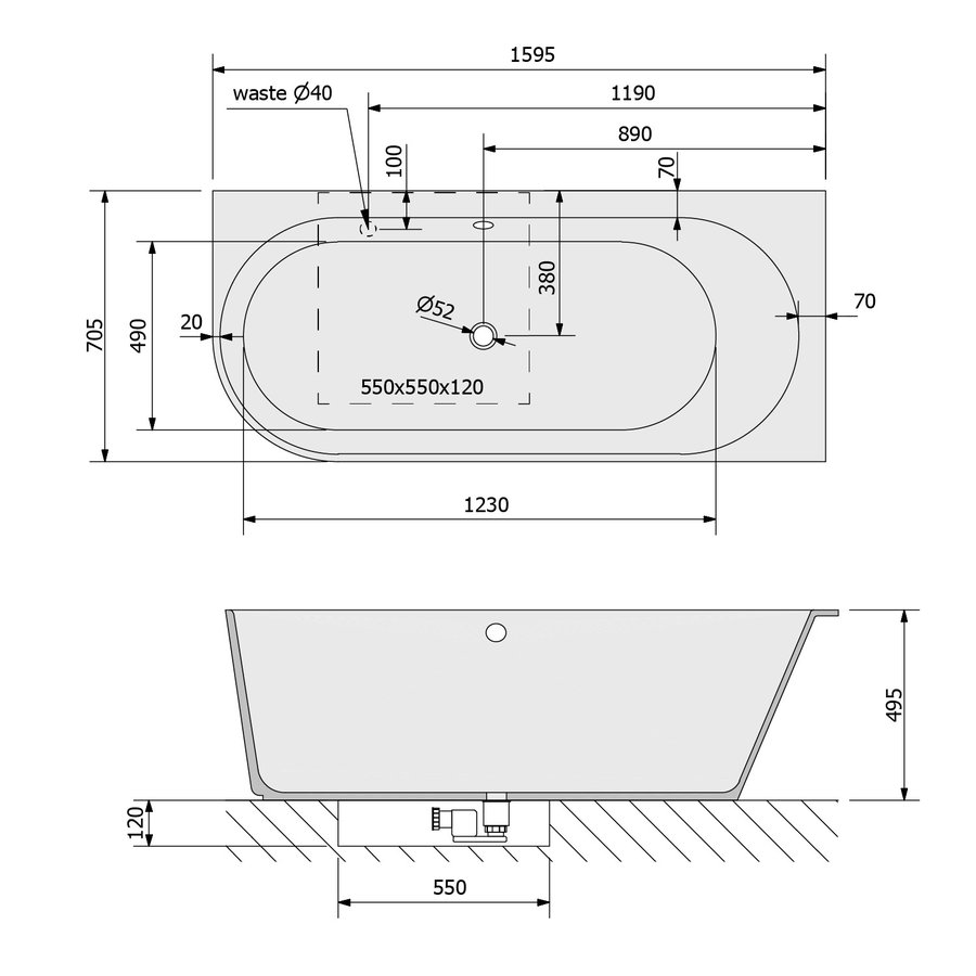 Ligbad Polysan Sussi Gegoten Marmer 160x70x49,5 cm Asymmetrisch Rechts Wit