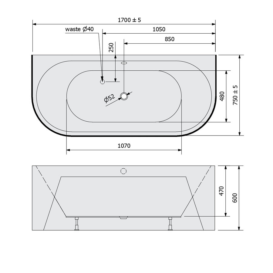 Ligbad Polysan Viva 170x75x60 cm Half Vrijstaand Wit