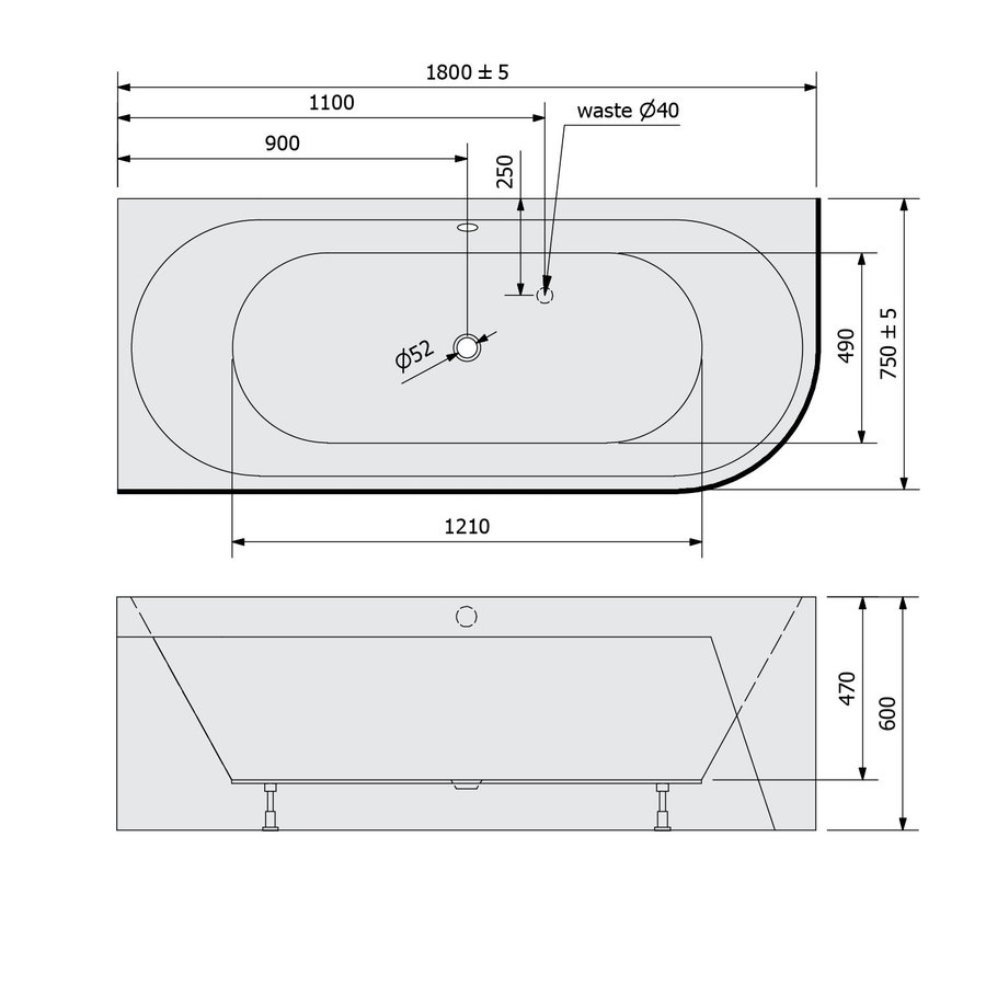 Ligbad Polysan Viva 180x75x60 cm Asymmetrisch Links Wit