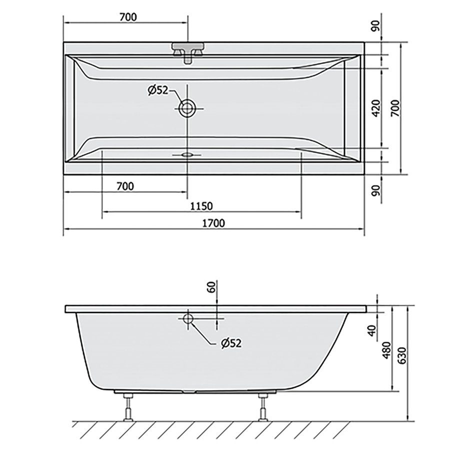 Ligbad Polysan Cleo Inbouw 170x70x48 cm Mat Zwart