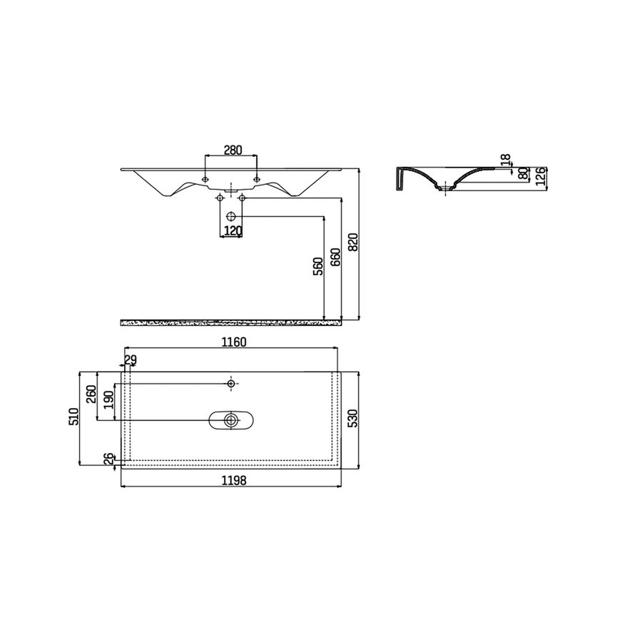 Wastafel AquaSplash Pion 119,8x53cm Wit