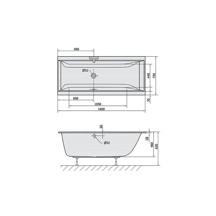 Ligbad Polysan Cleo Slim Inbouw 160x75x48 cm Wit