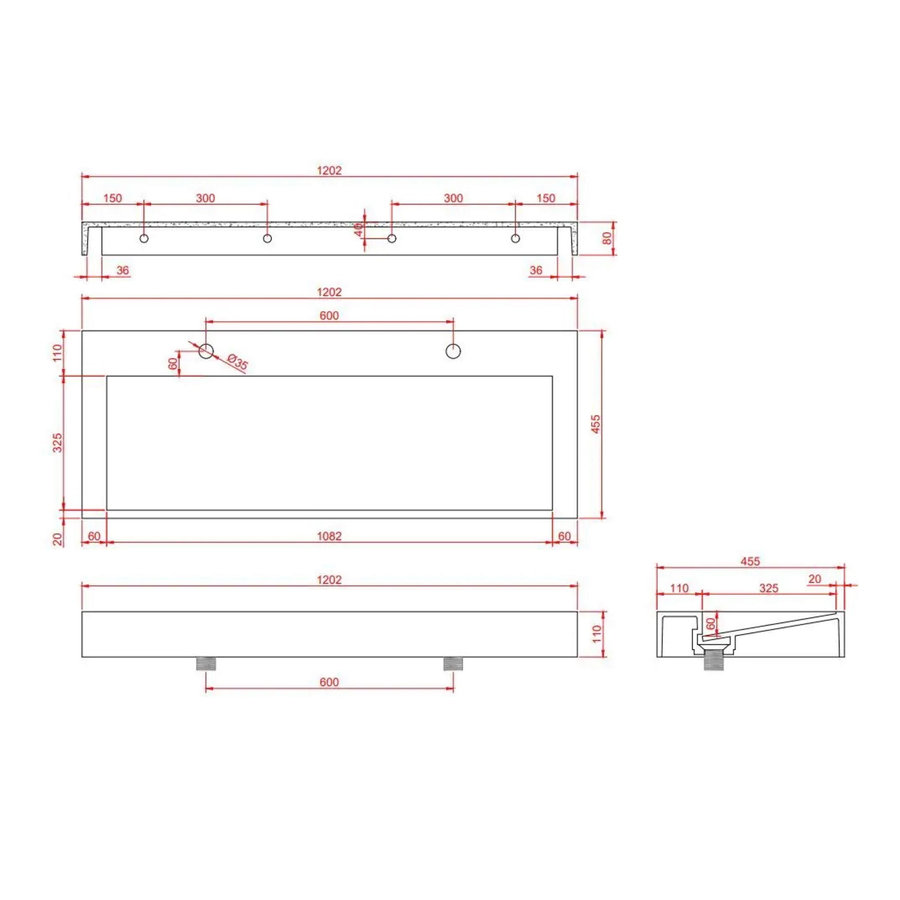 Wastafel AquaSplash Hoya 120x45.5 cm Met 2 Kraangaten Mat Wit