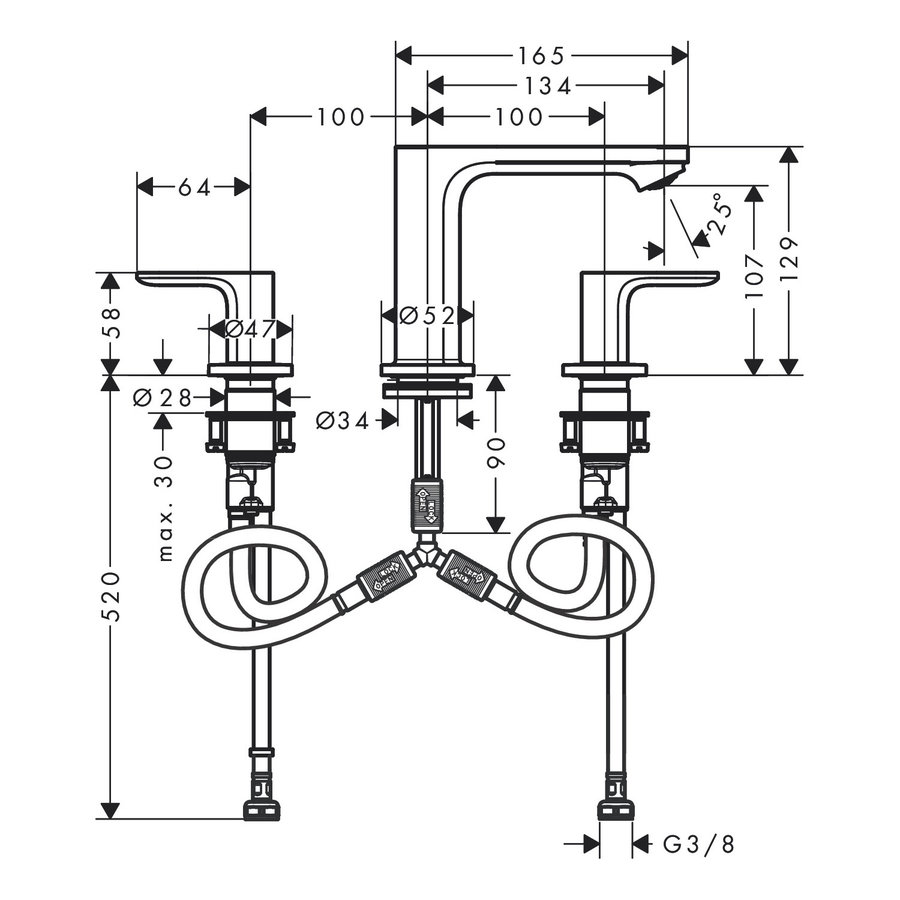 Wastafelmengkraan HansGrohe Rebris S 3-Gats 110 Met Trekwaste Chroom