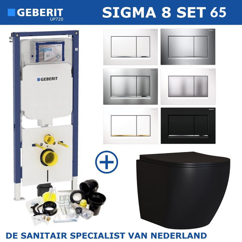 Geberit Sigma 8 (UP720) Toiletset set65 Mudo Rimless Mat Zwart Met Sigma 30 Drukplaat 