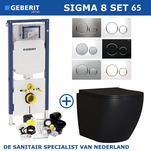 Geberit Sigma 8 (UP720) Toiletset set65 Mudo Rimless Mat Zwart Met Sigma 20 Drukplaat 