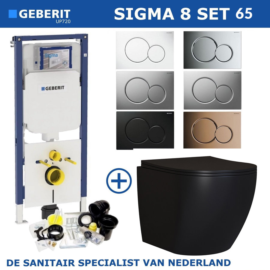 Geberit Sigma 8 (UP720) Toiletset set65 Mudo Rimless Mat Zwart Met Sigma 01 Drukplaat