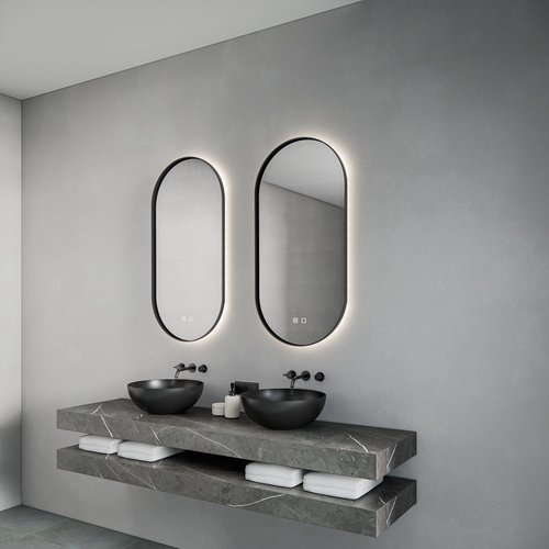 Spiegel Gliss Design Aura 40x100cm Mat Zwart Ovaal Met LED Verlichting & Geïntegreerde Spiegelverwarming 