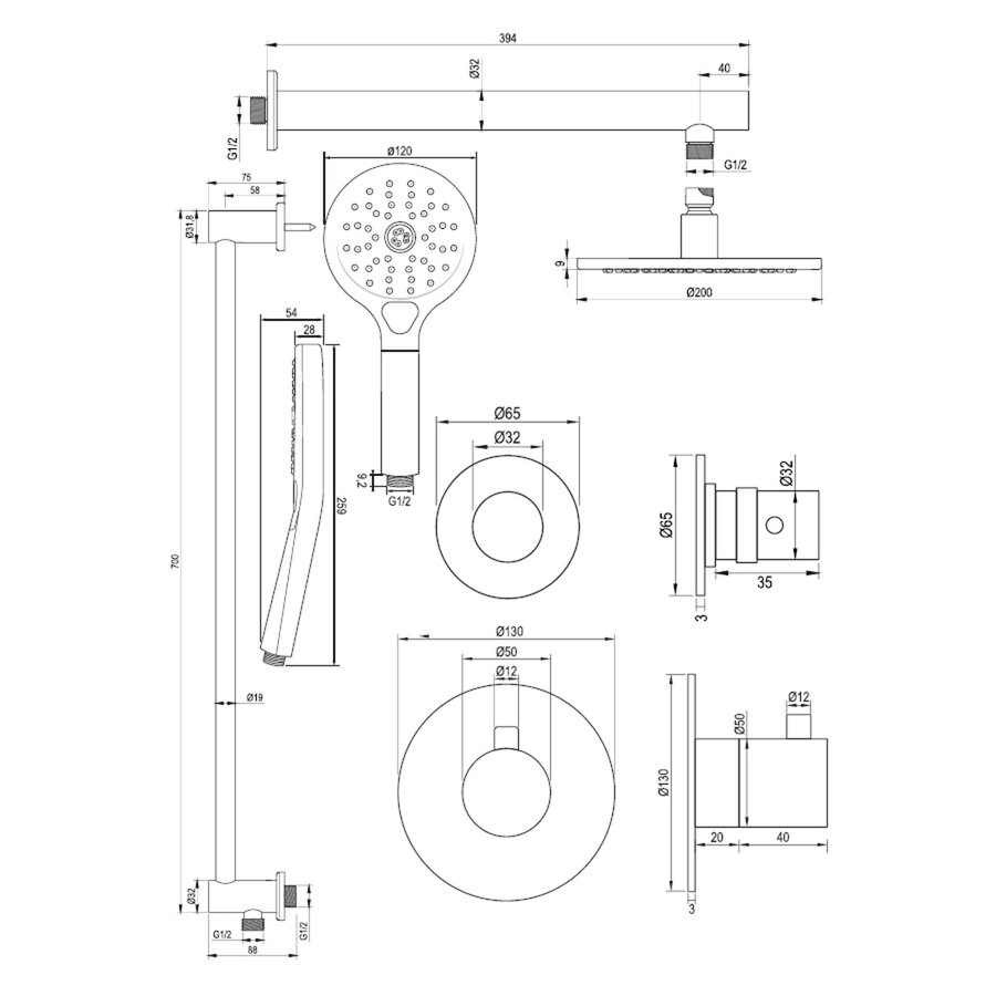Thermostatisch Inbouwdoucheset Brauer Copper 20cm Hoofddouche Wandarm 3 Standen Handdouche op Glijstang Koper