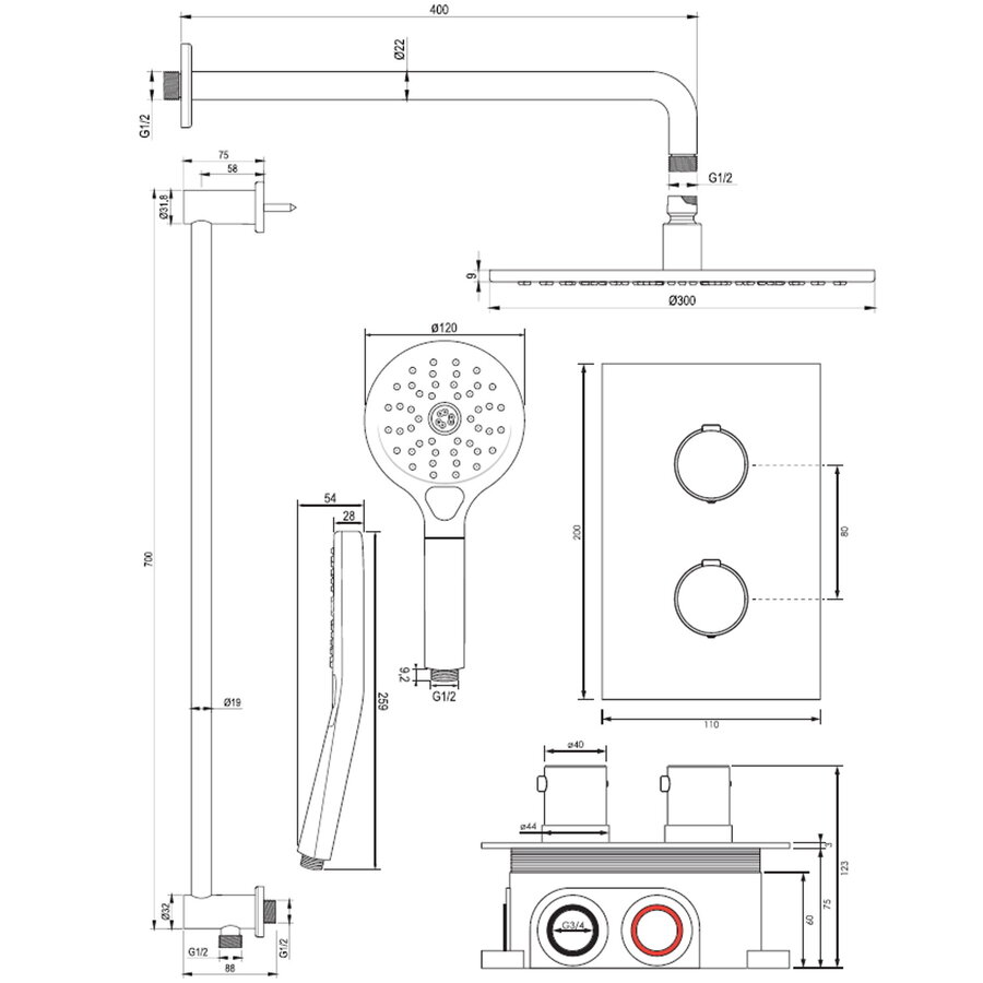 Inbouw Regendouche Set Brauer Copper Edition Gebogen Wanduitloop Ronde Hoofddouche 30 cm Met Glijstang en Handdouche 3 Standen Koper