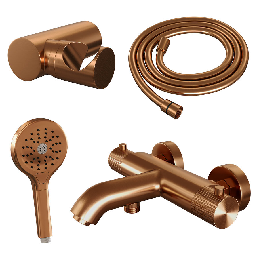 Opbouwset Bad- en Douchekraan Brauer Copper Carving Thermostatisch Met Wandhouder En Handdouche 3 Standen Geborsteld Koper