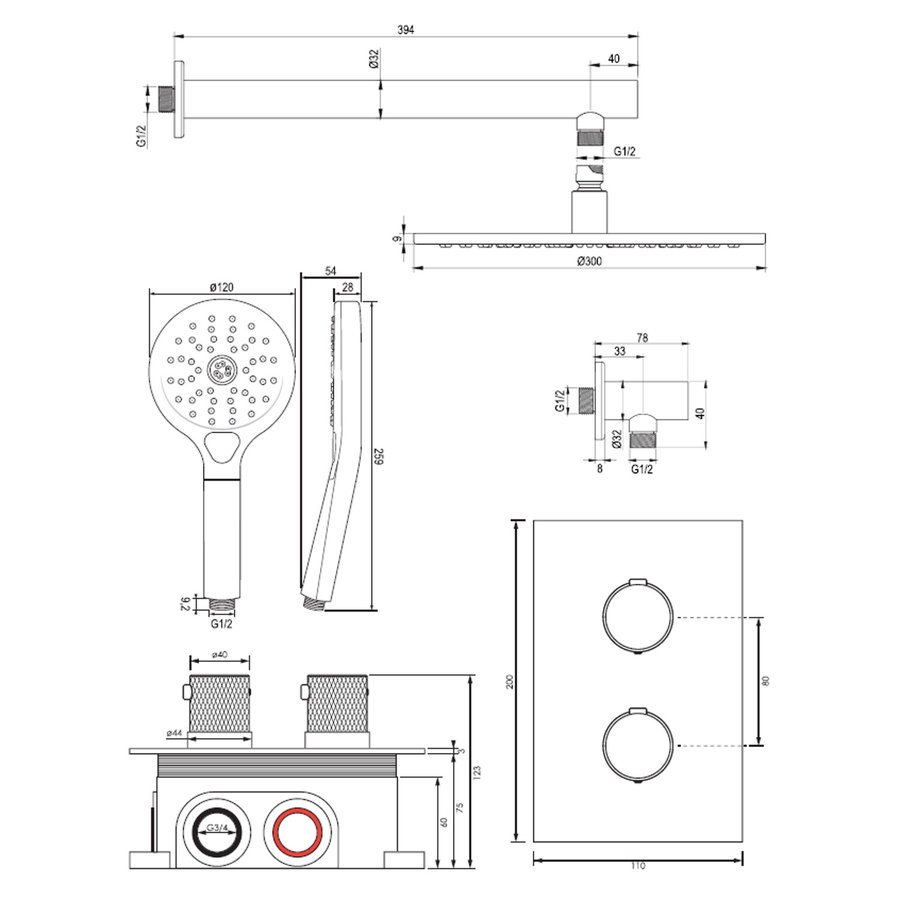 Regendoucheset Inbouw Brauer Copper Carving Thermostatisch 30cm met 3-Weg Omstelling, Wandarm en 3-Standen Handdouche Geborsteld Koper