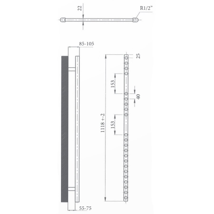 Elektrische Design Radiator Sanicare Plug & Play 111,8x45 cm Inox Look 596 Watt Met Zwarte Thermostaat Links