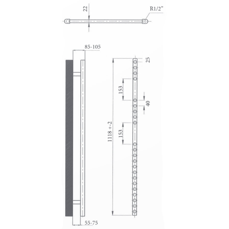 Elektrische Design Radiator Sanicare Plug & Play 111,8x45 cm Mat Zwart 596 Watt Met Chroom Thermostaat Links