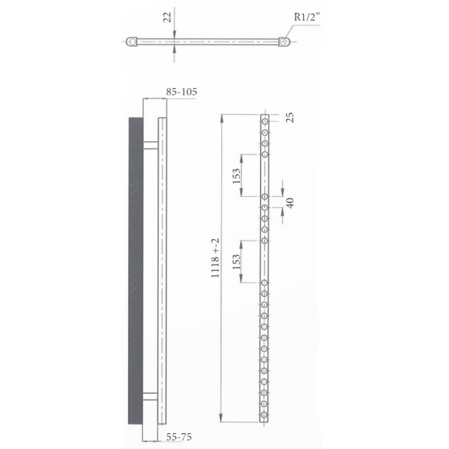 Elektrische Design Radiator Sanicare Plug & Play 111,8x45 cm Mat Zwart 596 Watt Met Zwart Thermostaat Links