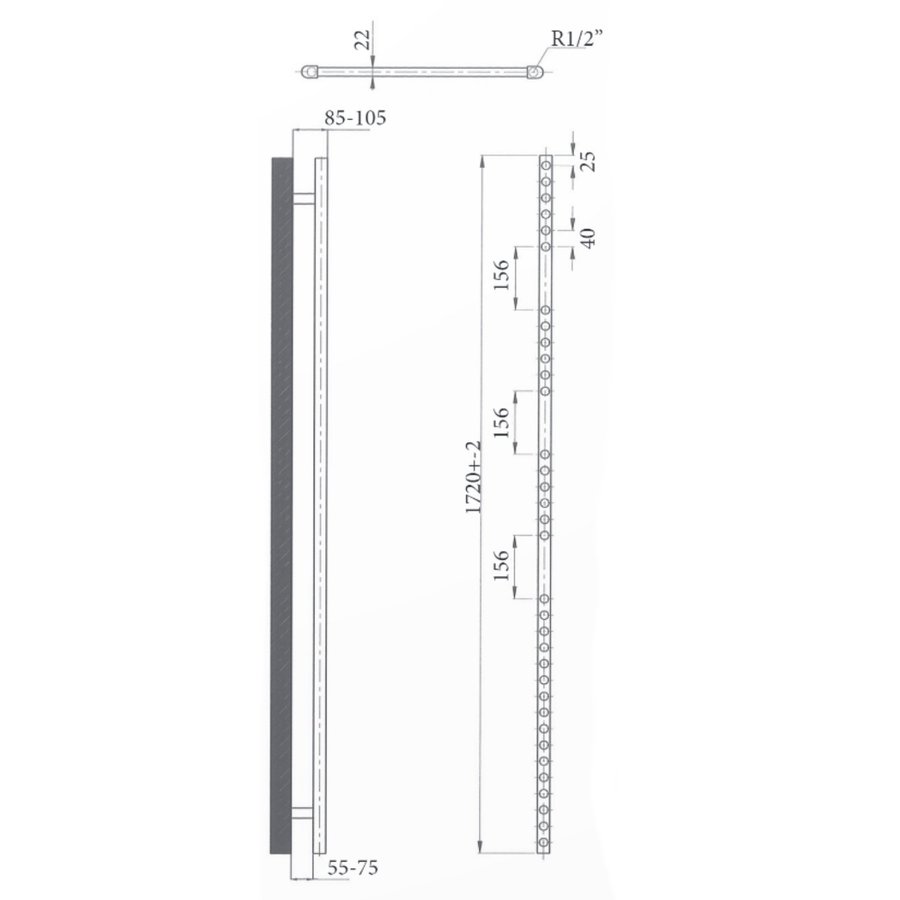 Elektrische Design Radiator Sanicare Plug & Play 172x45 cm Inox Look 920 Watt Met Zwarte Thermostaat Links