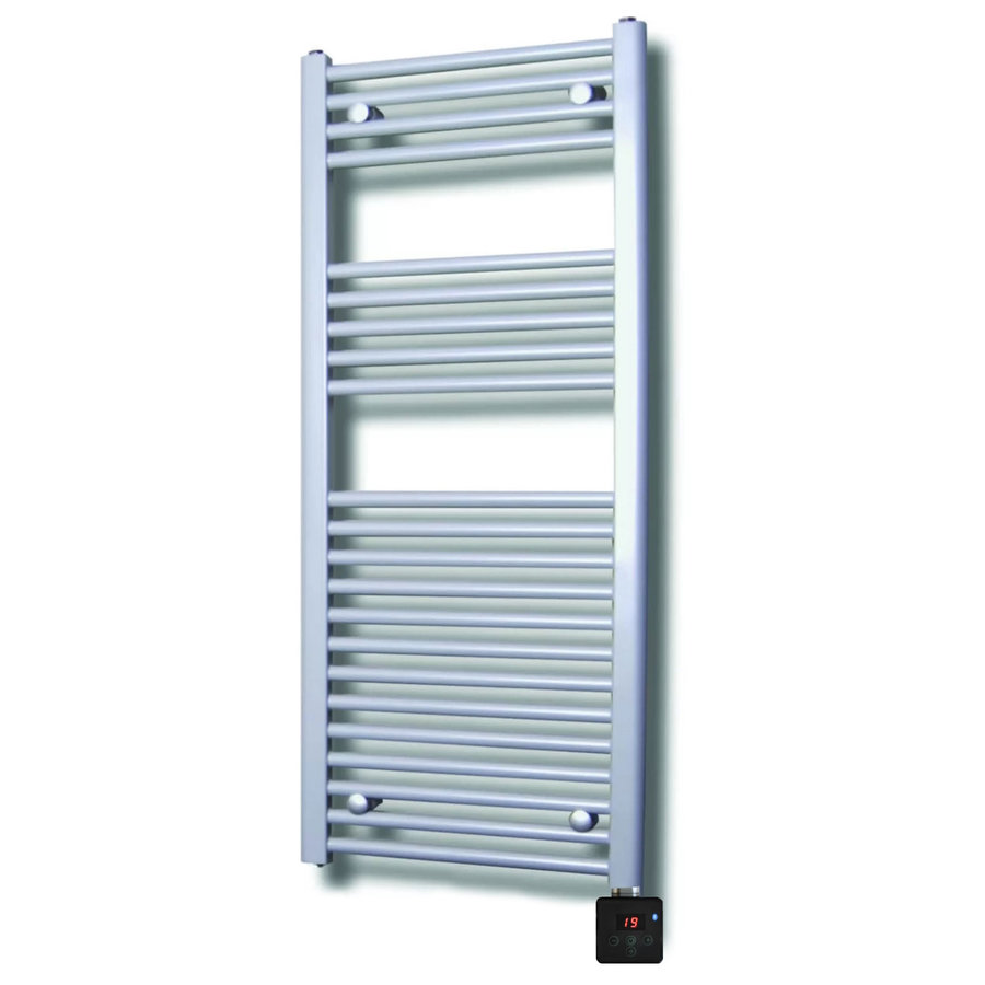 Elektrische Design Radiator Sanicare Plug & Play 111,8x45 cm Zilvergrijs 596 Watt Met Zwarte Thermostaat En Bluetooth Links