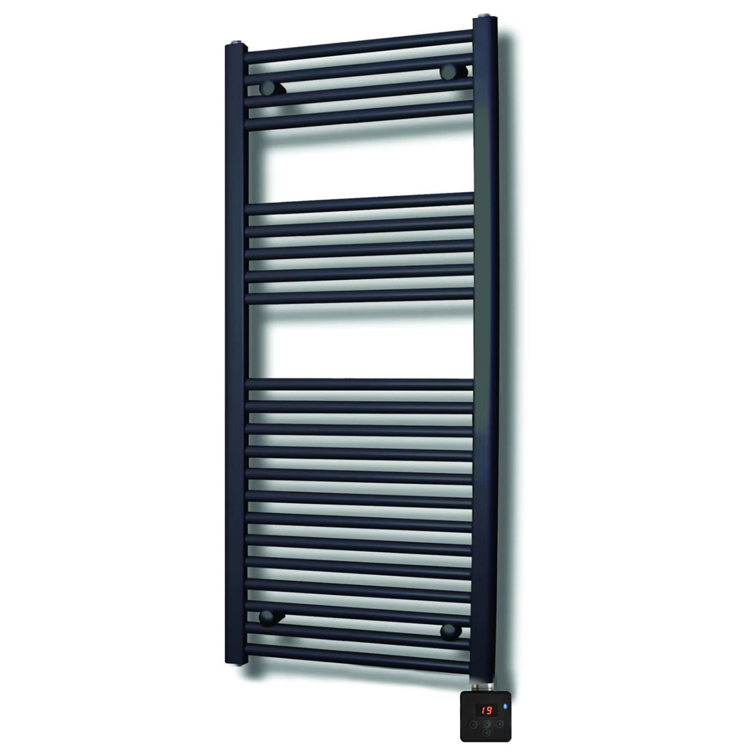 Elektrische Design Radiator Sanicare Plug & Play 111,8x45 cm Mat Zwart 596 Watt Met Chroom Thermosta