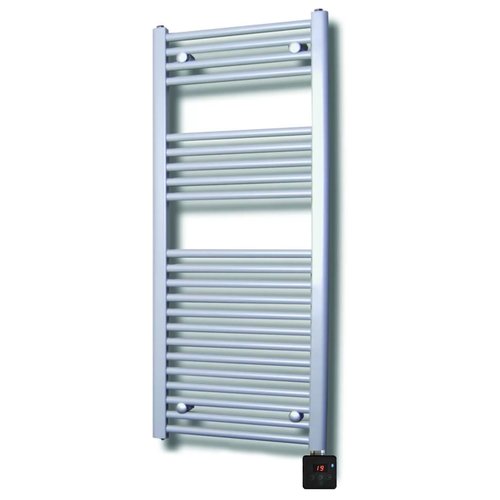 Elektrische Design Radiator Sanicare Plug & Play 111,8x60 cm Zilvergrijs 730 Watt Met Zwarte Thermostaat En Bluetooth Links 