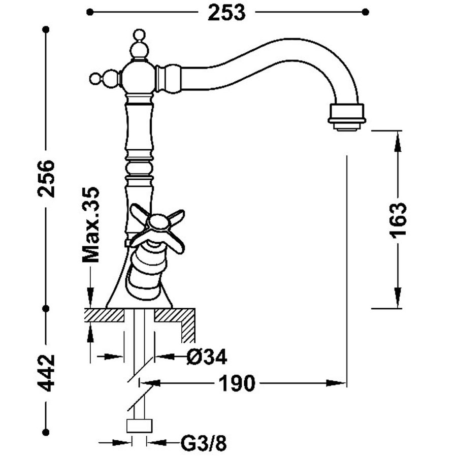 Wastafelkraan Tres Clasic 2 Grepen Hoog Gebogen Verouderd Messing Mat