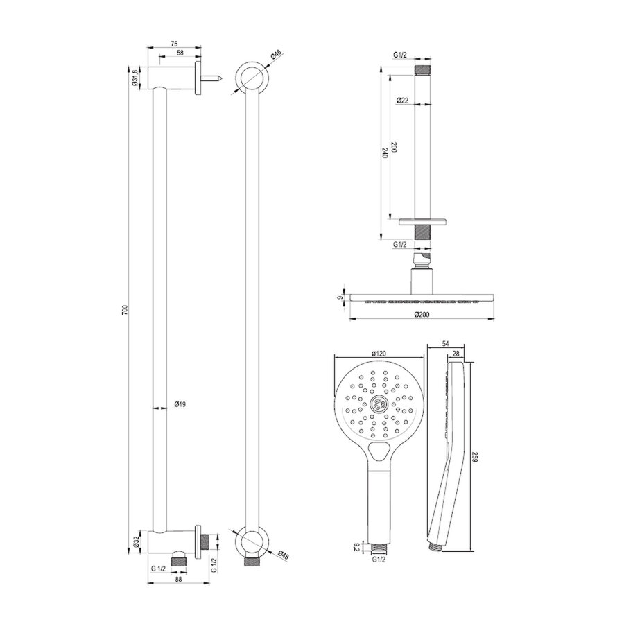Thermostatisch Inbouwdoucheset Brauer Copper 20cm Hoofddouche Plafondarm 3 Standen Handdouche op Glijstang Koper
