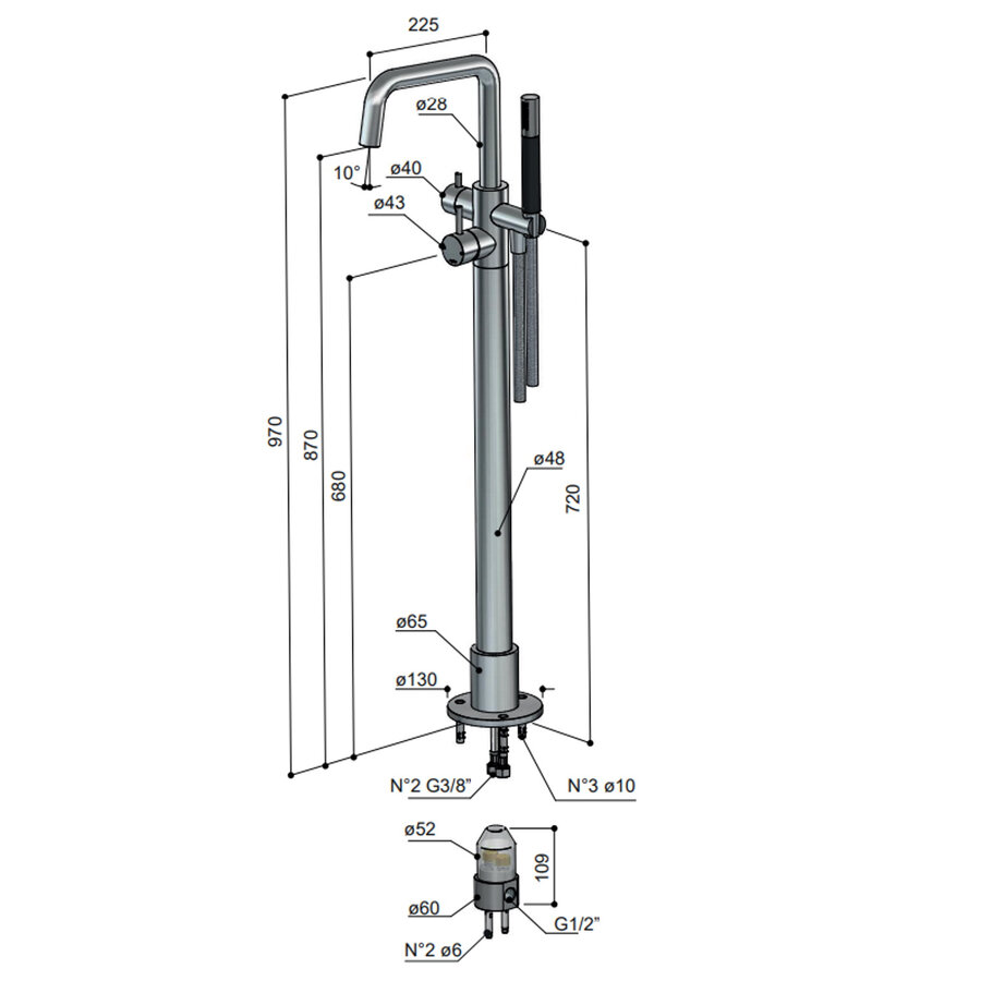 Afbouwdeel Hotbath Archie Vrijstaande Badmengkraan Draaibare Uitloop RVS316