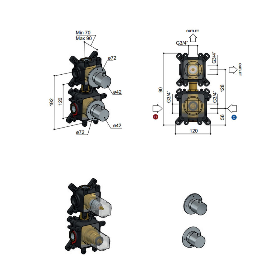 Afbouwdeel Hotbath Archie Inbouwthermostaat Met 2-Weg Omstel Horizontaal en Verticaal Mogelijk RVS316