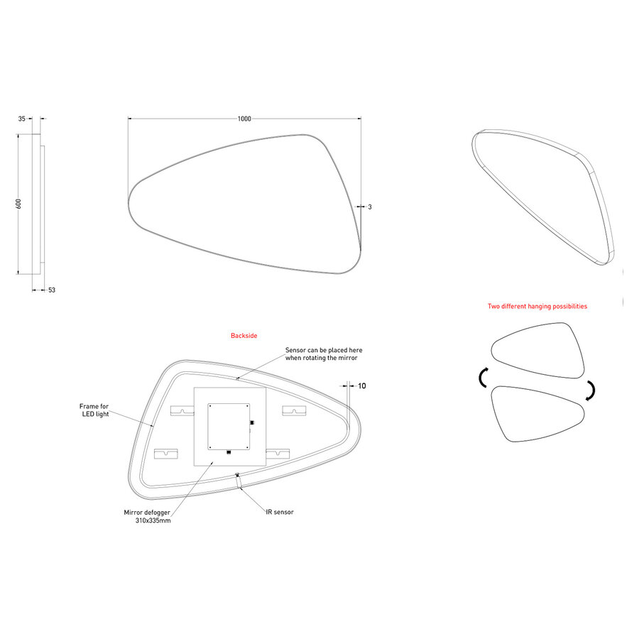Spiegel Organisch INK SP23 100x60 cm Met Verlichting en Spiegelverwarming Rechts Geborsteld Koper