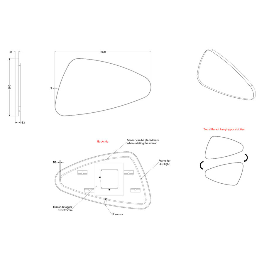 Spiegel Organisch INK SP23 100x60 cm Met Verlichting en Spiegelverwarming Links Geborsteld RVS