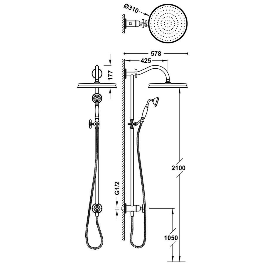 Regendoucheset Tres Clasic Opbouw Incl. Handdouche Verouderd Messing